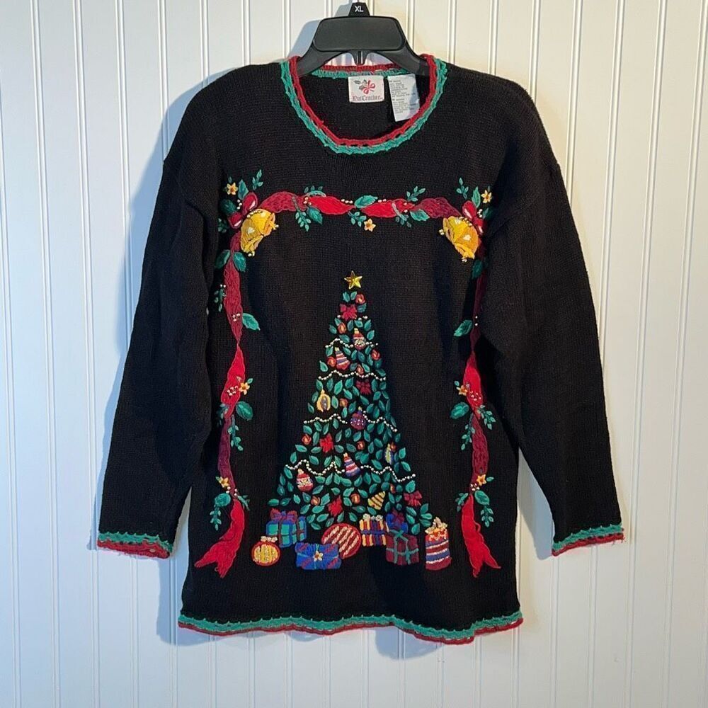 Nut Cracker Holiday Tree Embroidery Ugly Sweater Women’s Medium Black Multicolor